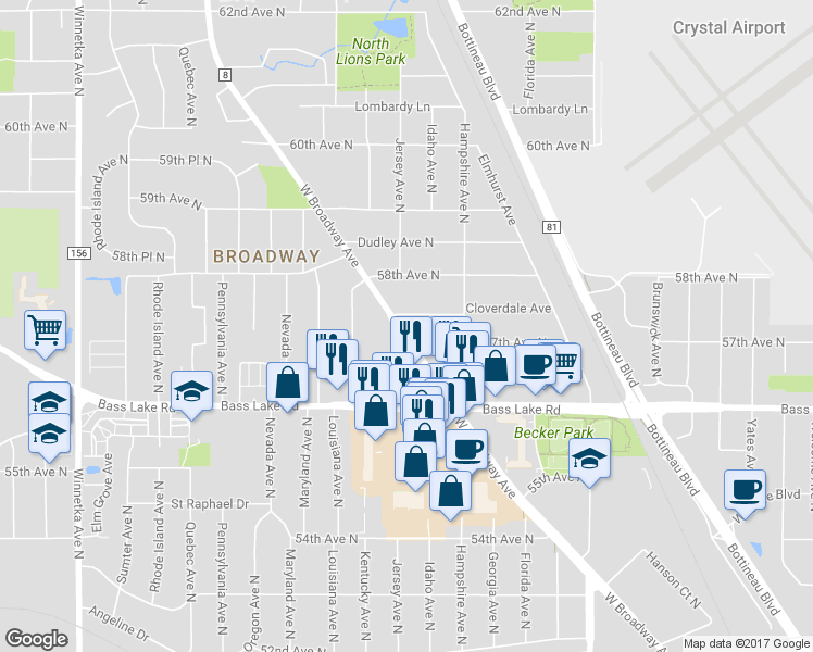 map of restaurants, bars, coffee shops, grocery stores, and more near 5714 West Broadway Avenue in Minneapolis