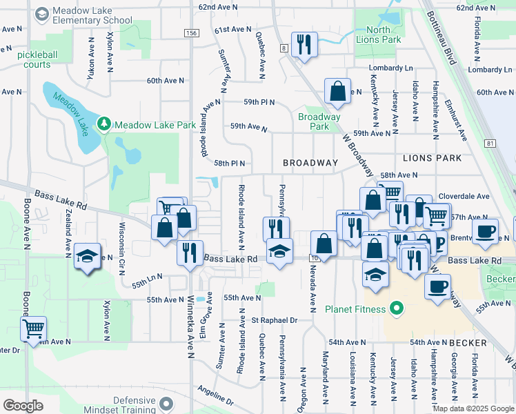 map of restaurants, bars, coffee shops, grocery stores, and more near 5601 Quebec Avenue North in New Hope