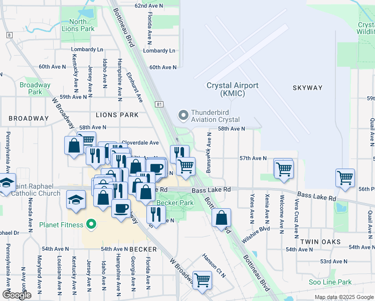 map of restaurants, bars, coffee shops, grocery stores, and more near 5712 Lakeland Avenue North in Crystal