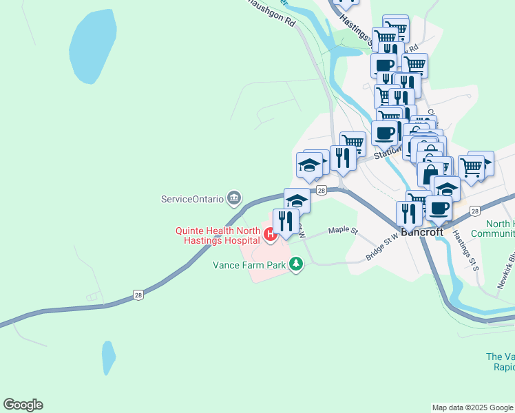 map of restaurants, bars, coffee shops, grocery stores, and more near 45 Monck Street in Bancroft