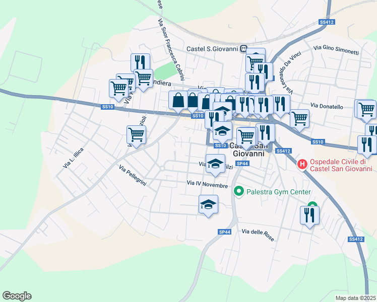 map of restaurants, bars, coffee shops, grocery stores, and more near 24 Via Goffredo Mameli in Castel San Giovanni