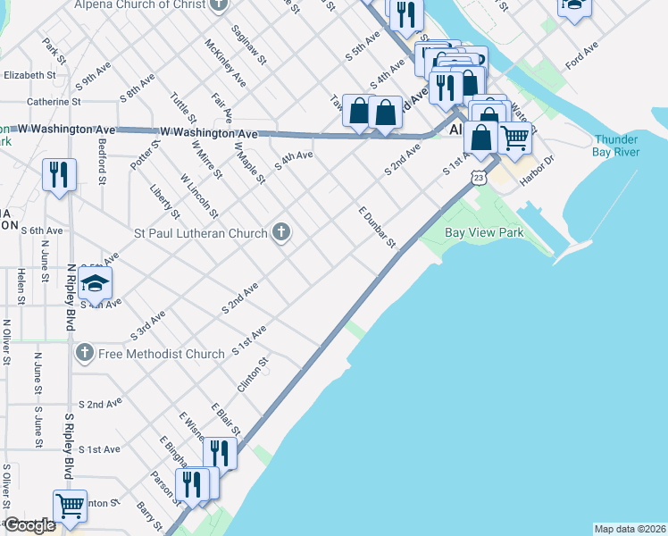 map of restaurants, bars, coffee shops, grocery stores, and more near 598 South 1st Avenue in Alpena