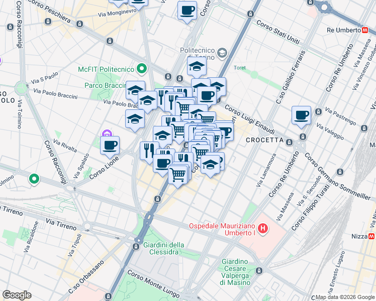 map of restaurants, bars, coffee shops, grocery stores, and more near 59 Corso Duca degli Abruzzi in Turin