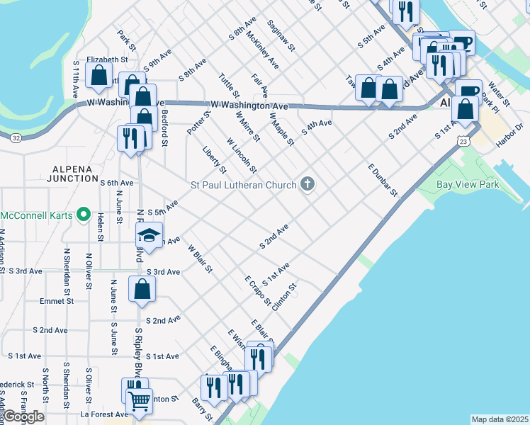 map of restaurants, bars, coffee shops, grocery stores, and more near 937 South 3rd Avenue in Alpena