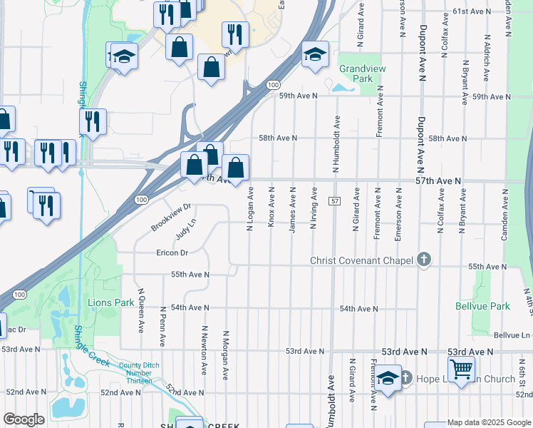 map of restaurants, bars, coffee shops, grocery stores, and more near 5611 Knox Avenue North in Minneapolis