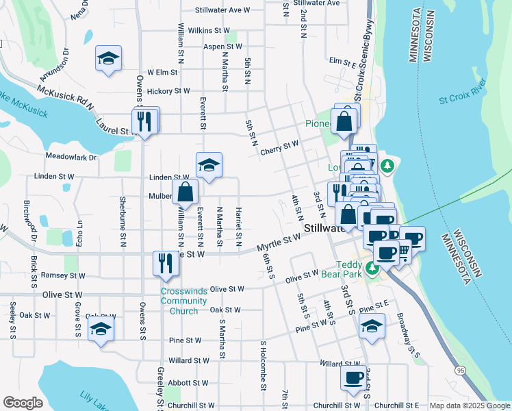 map of restaurants, bars, coffee shops, grocery stores, and more near 233 Harriet Street North in Stillwater