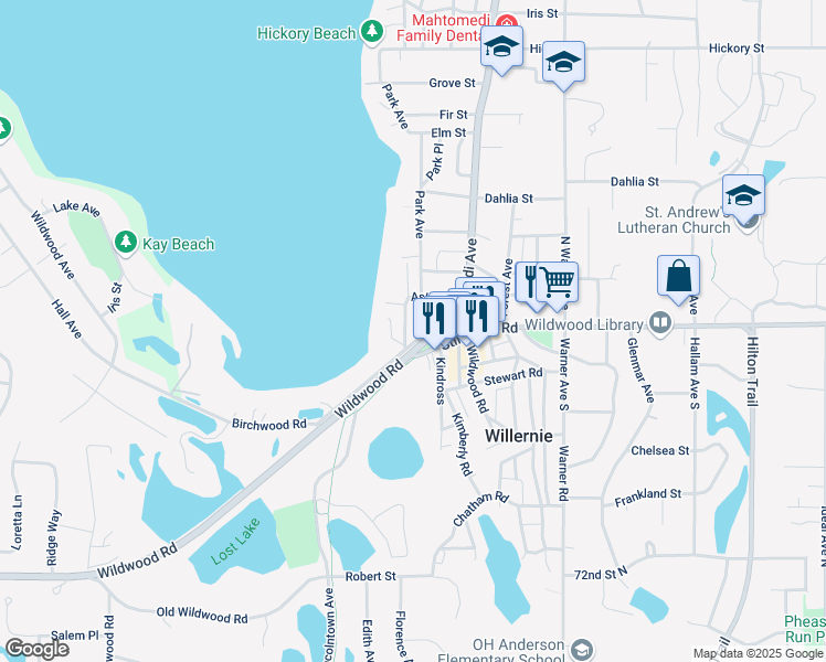 map of restaurants, bars, coffee shops, grocery stores, and more near 92 Wildwood Beach Road in Saint Paul