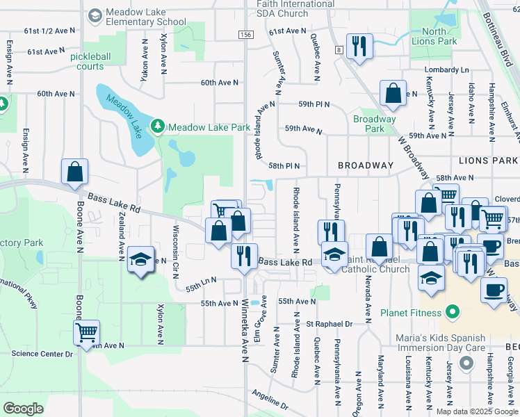 map of restaurants, bars, coffee shops, grocery stores, and more near 5704 Winnetka Avenue North in New Hope