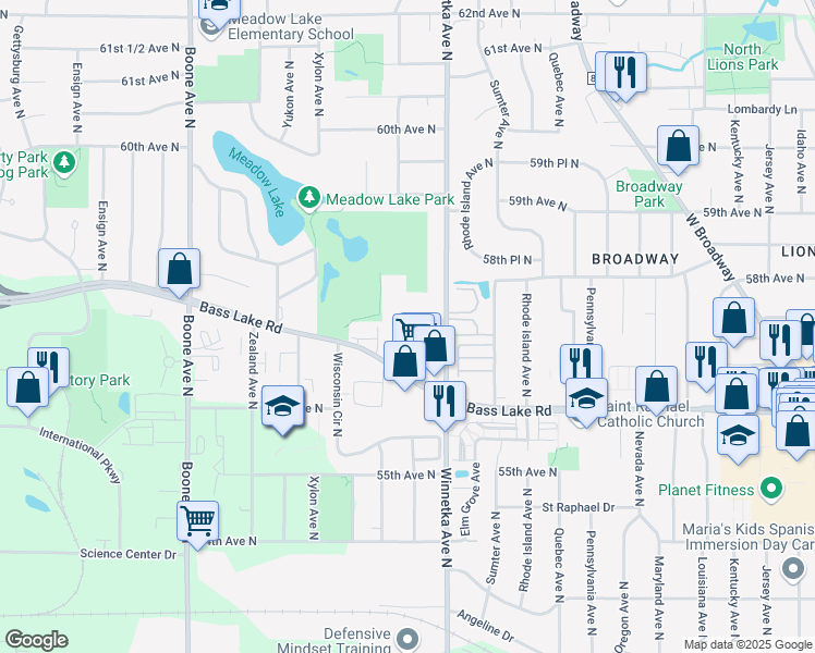map of restaurants, bars, coffee shops, grocery stores, and more near 8008 Bass Lake Road in New Hope