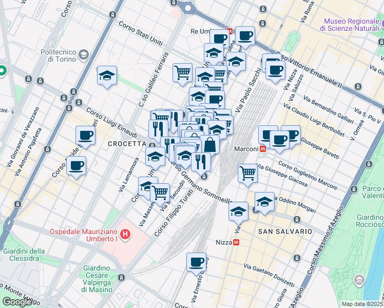 map of restaurants, bars, coffee shops, grocery stores, and more near 14A Via Governolo in Torino