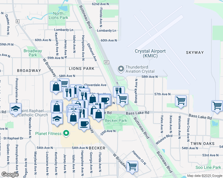 map of restaurants, bars, coffee shops, grocery stores, and more near 5716 Elmhurst Avenue in Minneapolis