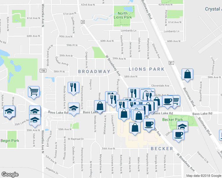 map of restaurants, bars, coffee shops, grocery stores, and more near 5716 Maryland Avenue North in Minneapolis