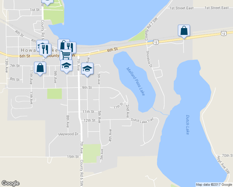 map of restaurants, bars, coffee shops, grocery stores, and more near 310 9th Street in Howard Lake