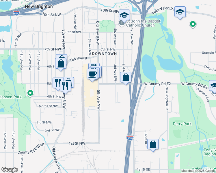 map of restaurants, bars, coffee shops, grocery stores, and more near 301 County Road E2 Extended in New Brighton