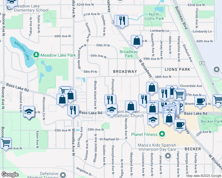 map of restaurants, bars, coffee shops, grocery stores, and more near 5717 Pennsylvania Avenue North in Minneapolis