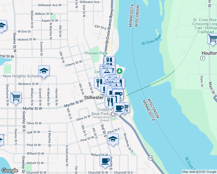 map of restaurants, bars, coffee shops, grocery stores, and more near 120 Minnesota 95 in Stillwater