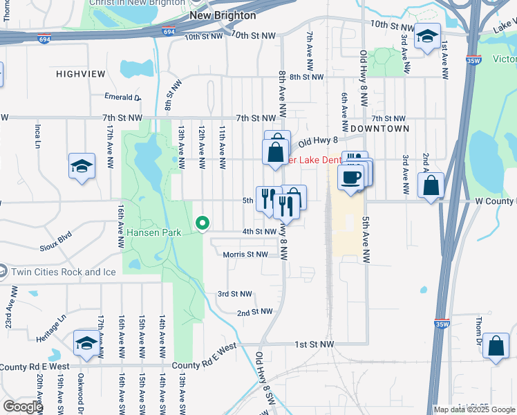map of restaurants, bars, coffee shops, grocery stores, and more near 478 9th Avenue Northwest in New Brighton