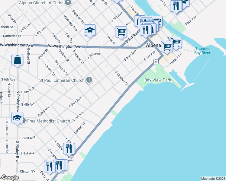 map of restaurants, bars, coffee shops, grocery stores, and more near 500-598 South 1st Avenue in Alpena