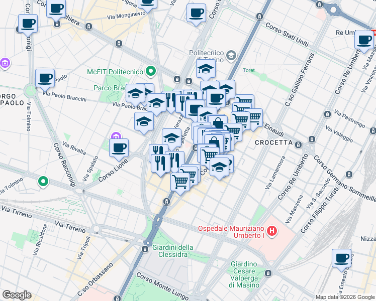 map of restaurants, bars, coffee shops, grocery stores, and more near 59 Corso Duca degli Abruzzi in Turin