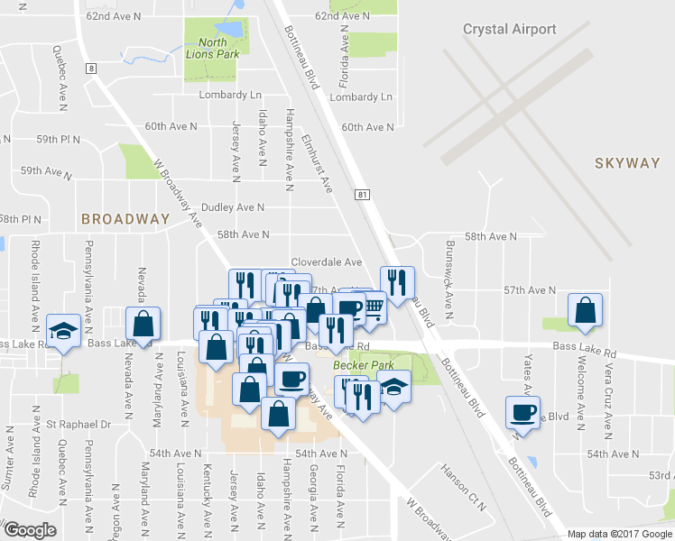 map of restaurants, bars, coffee shops, grocery stores, and more near 6507 Cloverdale Avenue in Minneapolis