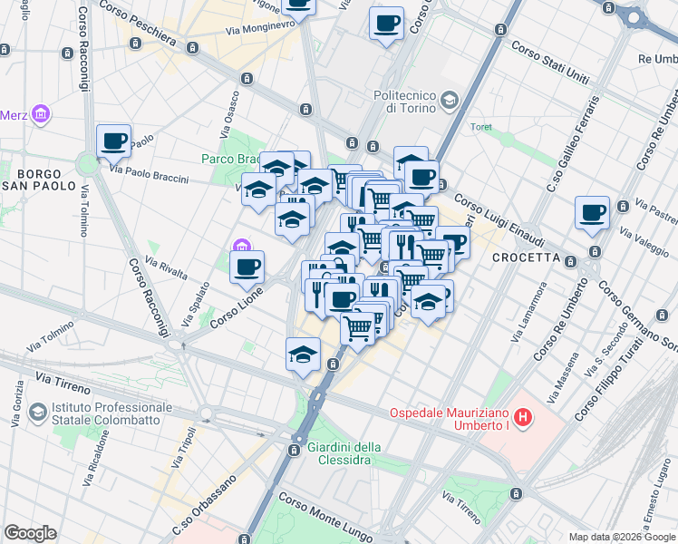 map of restaurants, bars, coffee shops, grocery stores, and more near 41 Via Antonio Pigafetta in Torino
