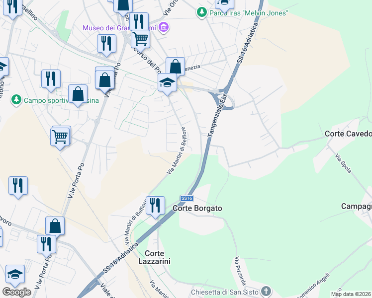 map of restaurants, bars, coffee shops, grocery stores, and more near 57 Via Silvio Barucchello in Provincia di Rovigo