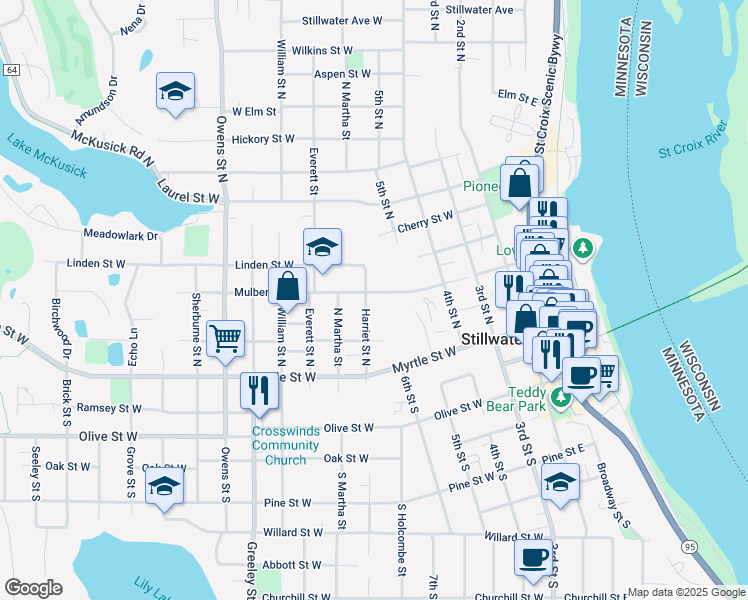map of restaurants, bars, coffee shops, grocery stores, and more near 233 Harriet Street North in Stillwater
