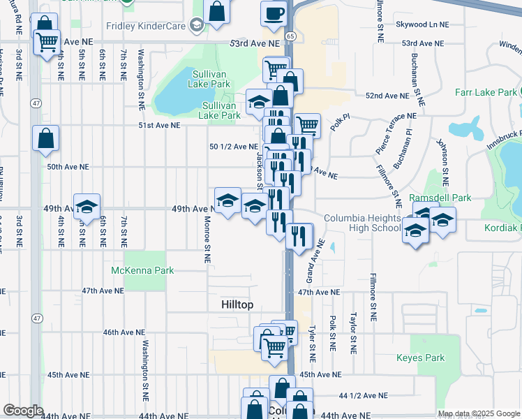 map of restaurants, bars, coffee shops, grocery stores, and more near 800 49th Avenue Northeast in Hilltop