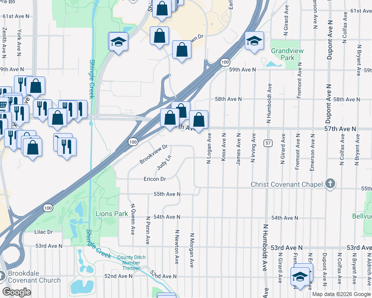 map of restaurants, bars, coffee shops, grocery stores, and more near 2017 Brookview Drive in Minneapolis