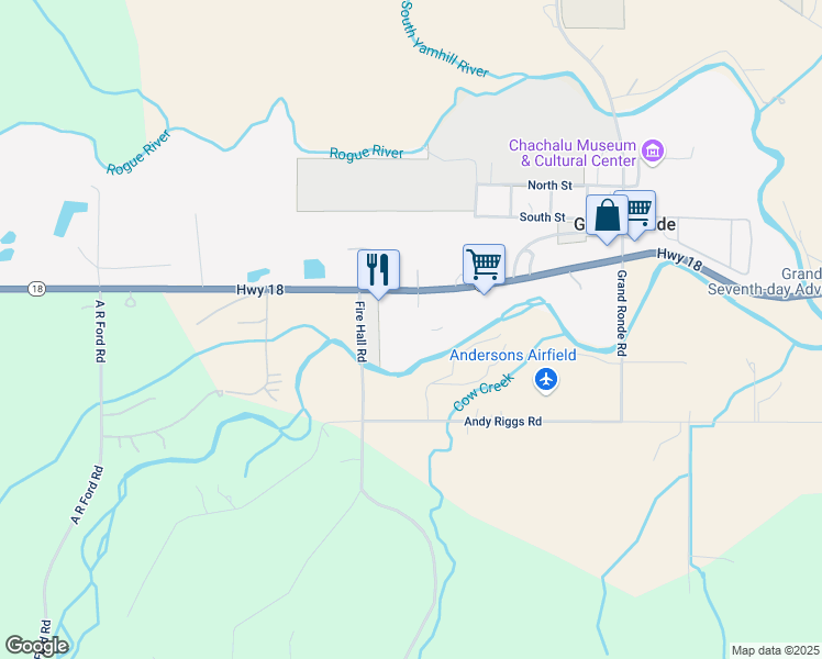 map of restaurants, bars, coffee shops, grocery stores, and more near Fire Hall Road in Grand Ronde