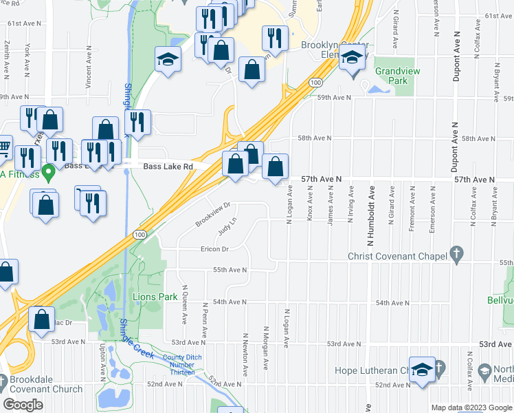 map of restaurants, bars, coffee shops, grocery stores, and more near 2017 Brookview Drive in Minneapolis