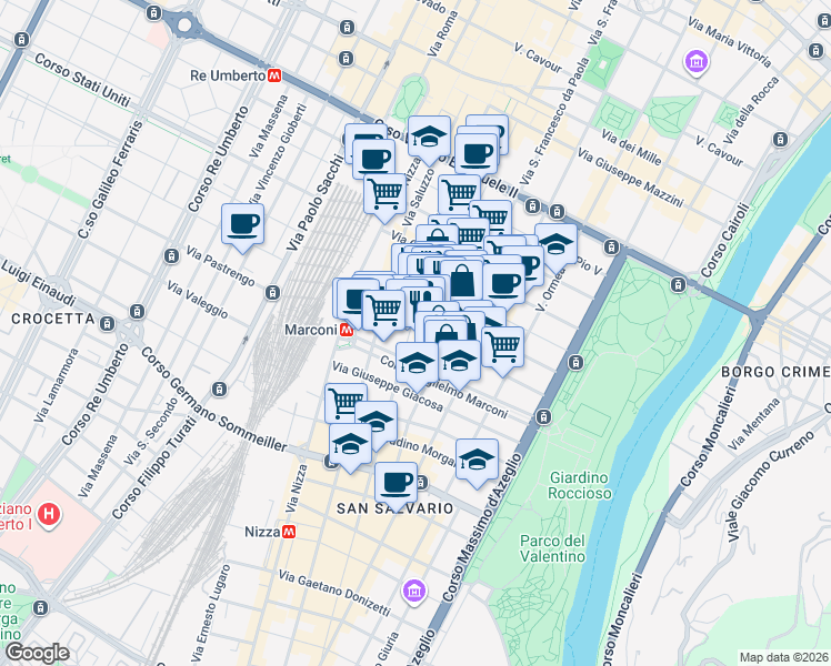 map of restaurants, bars, coffee shops, grocery stores, and more near 38 Via Sant'Anselmo in Turin