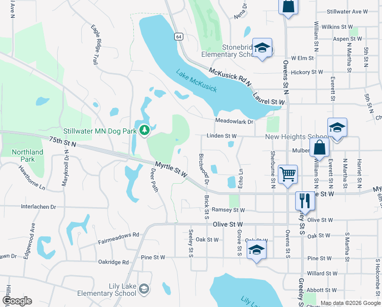 map of restaurants, bars, coffee shops, grocery stores, and more near 112 Myrtlewood Court in Stillwater