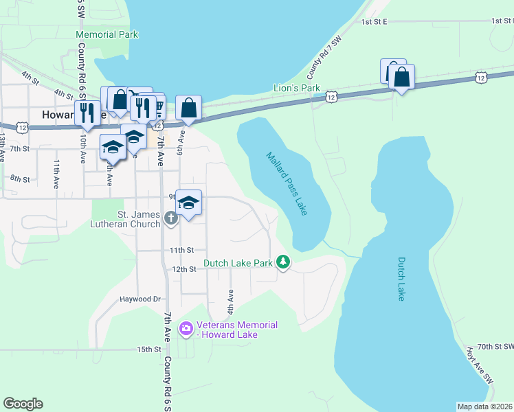 map of restaurants, bars, coffee shops, grocery stores, and more near 310 9th Street in Howard Lake