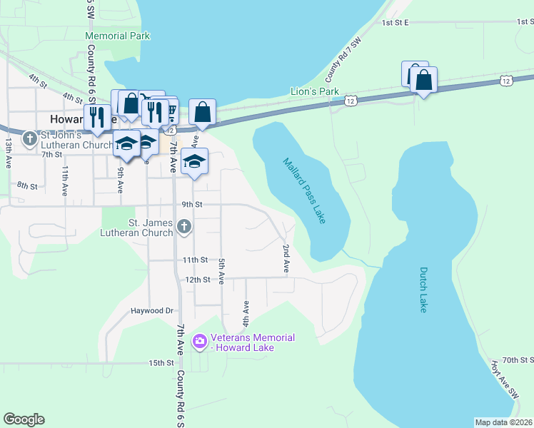 map of restaurants, bars, coffee shops, grocery stores, and more near 310 9th Street in Howard Lake