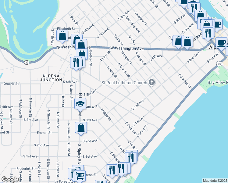 map of restaurants, bars, coffee shops, grocery stores, and more near 1012 South 4th Avenue in Alpena