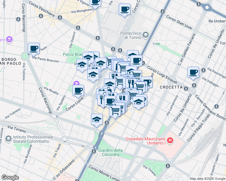 map of restaurants, bars, coffee shops, grocery stores, and more near 41 Via Antonio Pigafetta in Torino