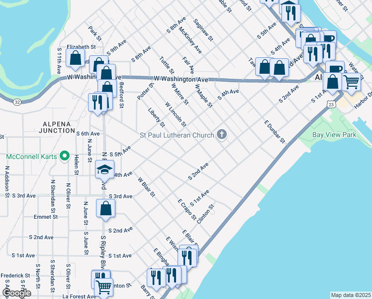 map of restaurants, bars, coffee shops, grocery stores, and more near 937 South 3rd Avenue in Alpena