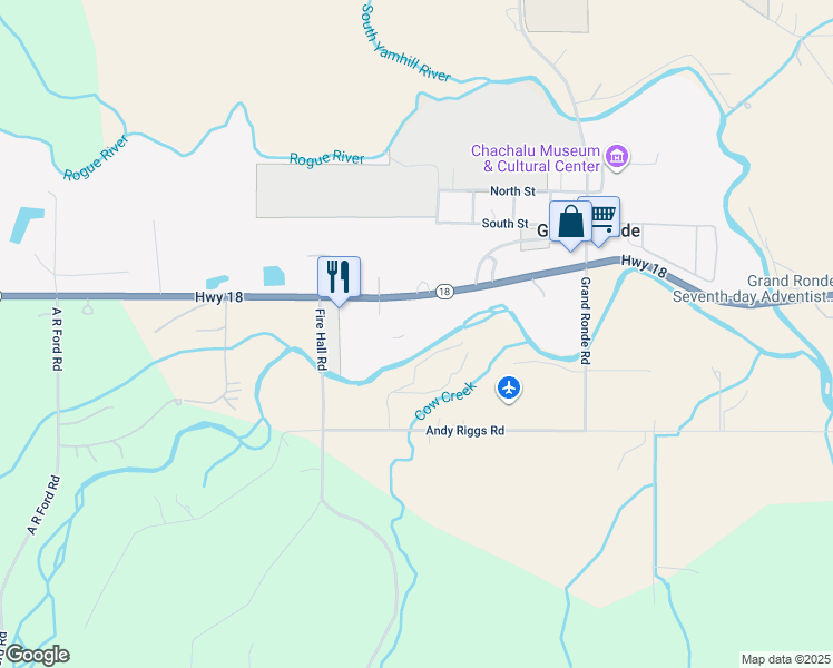 map of restaurants, bars, coffee shops, grocery stores, and more near 28475 Andy Riggs Road in Grand Ronde