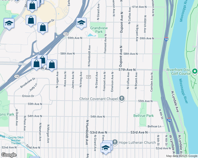 map of restaurants, bars, coffee shops, grocery stores, and more near 5615 Fremont Avenue North in Minneapolis