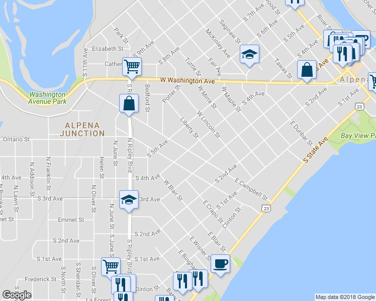 map of restaurants, bars, coffee shops, grocery stores, and more near 998 South 4th Avenue in Alpena