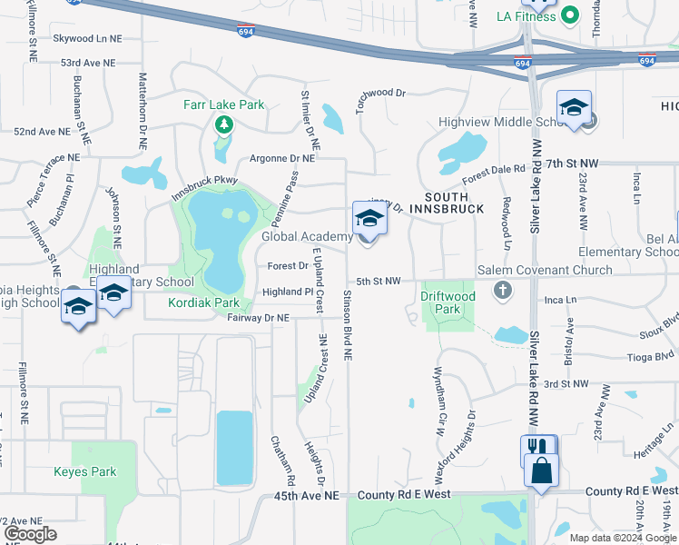 map of restaurants, bars, coffee shops, grocery stores, and more near 4852 Northeast Stinson Boulevard in Columbia Heights