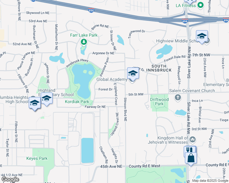 map of restaurants, bars, coffee shops, grocery stores, and more near 4837 East Upland Crest in Minneapolis
