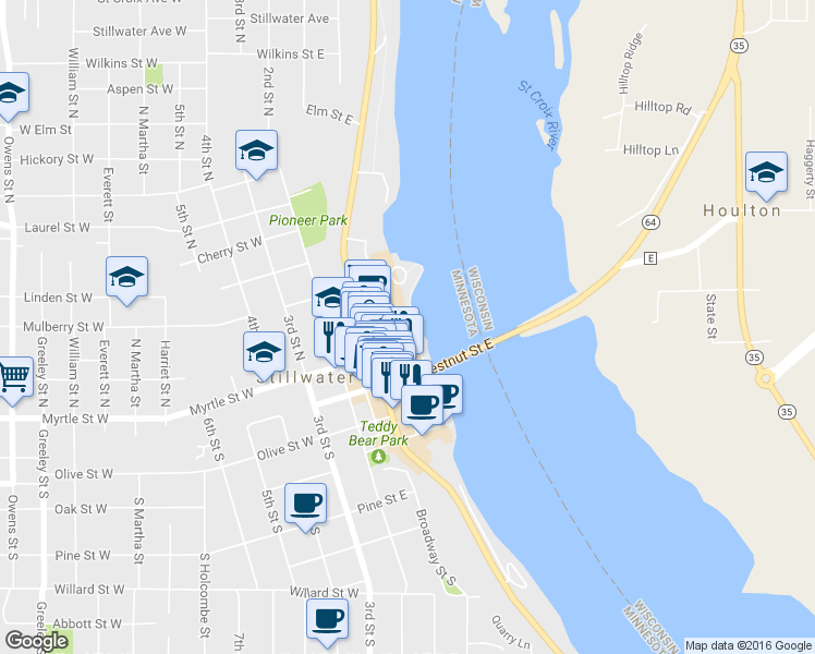 map of restaurants, bars, coffee shops, grocery stores, and more near 442 Myrtle Street East in Stillwater