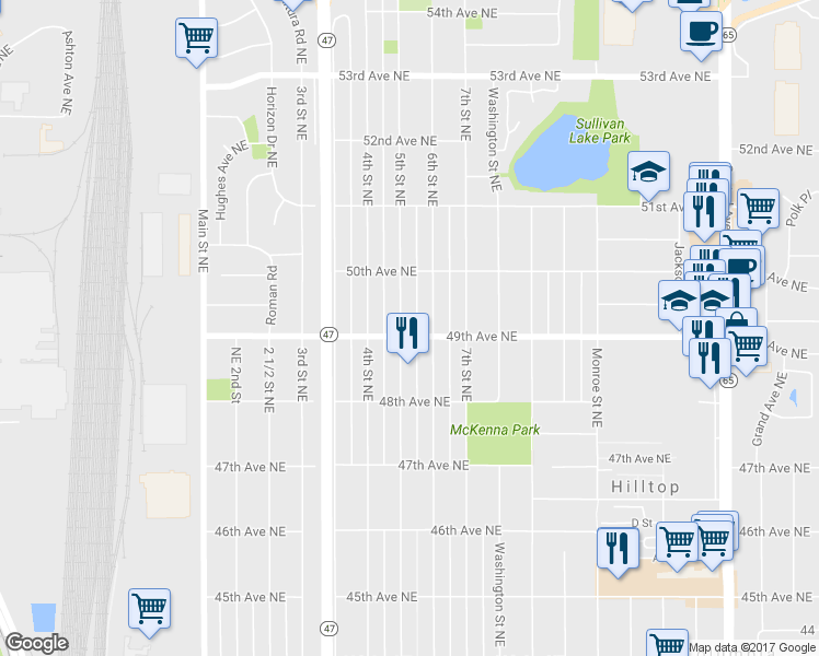 map of restaurants, bars, coffee shops, grocery stores, and more near 4905 5th Street Northeast in Minneapolis