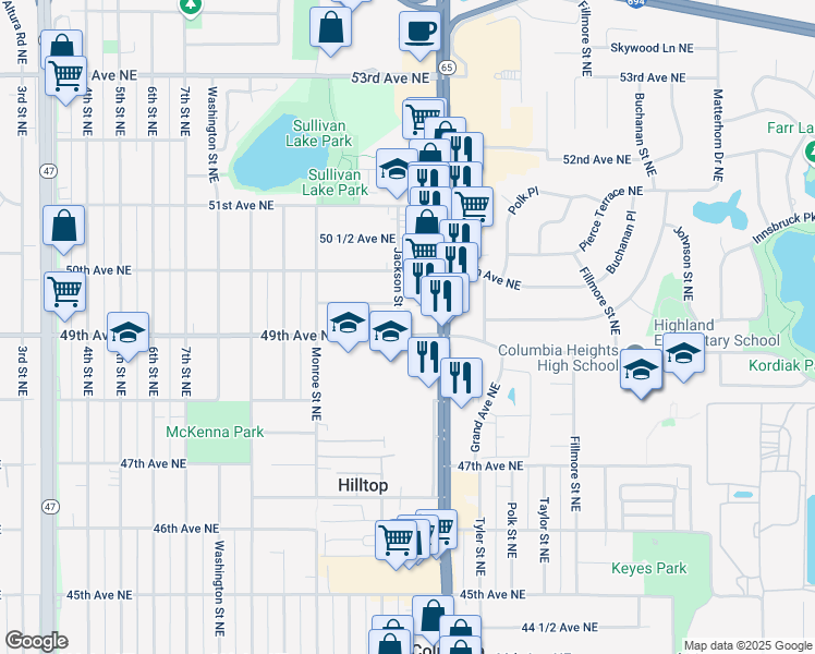 map of restaurants, bars, coffee shops, grocery stores, and more near 841 49th Avenue Northeast in Minneapolis