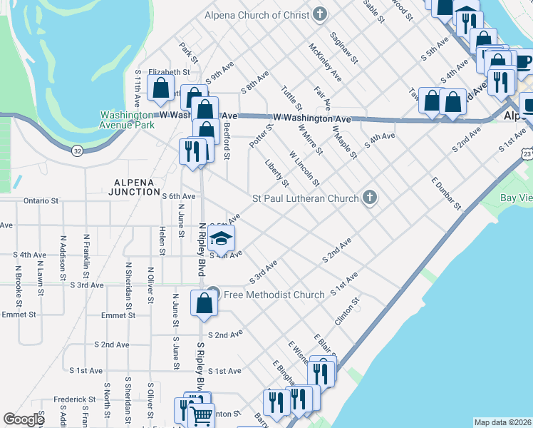 map of restaurants, bars, coffee shops, grocery stores, and more near 1012 South 4th Avenue in Alpena