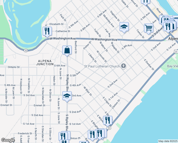 map of restaurants, bars, coffee shops, grocery stores, and more near 1012 South 4th Avenue in Alpena