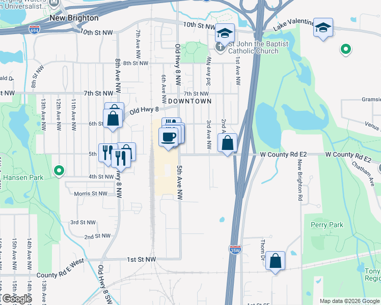 map of restaurants, bars, coffee shops, grocery stores, and more near 301 County Road E2 Extended in New Brighton