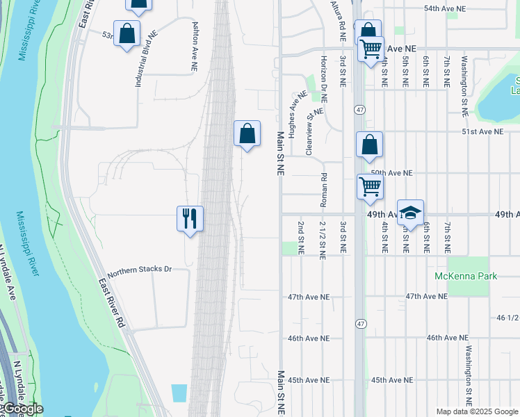 map of restaurants, bars, coffee shops, grocery stores, and more near 4850 Main Street Northeast in Fridley